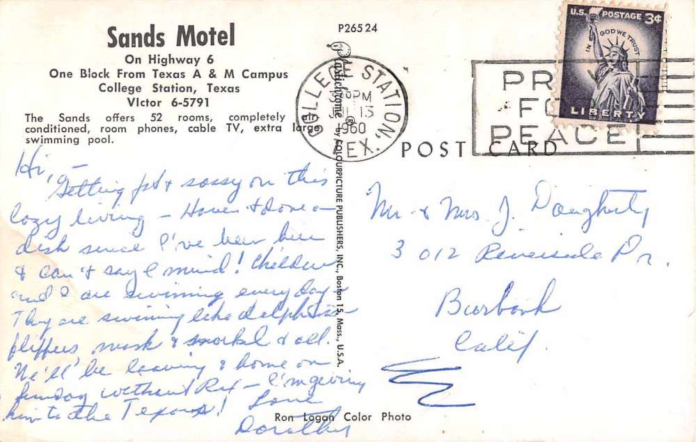 College Station Texas Sands Motel Vintage Postcard J51332 - Image 2
