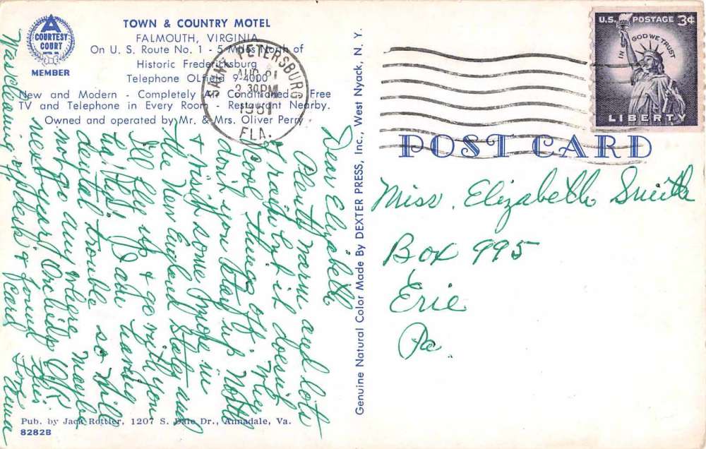 Falmouth Virginia birds eye view Town and Country Motel vintage pc Y15673 - Image 2