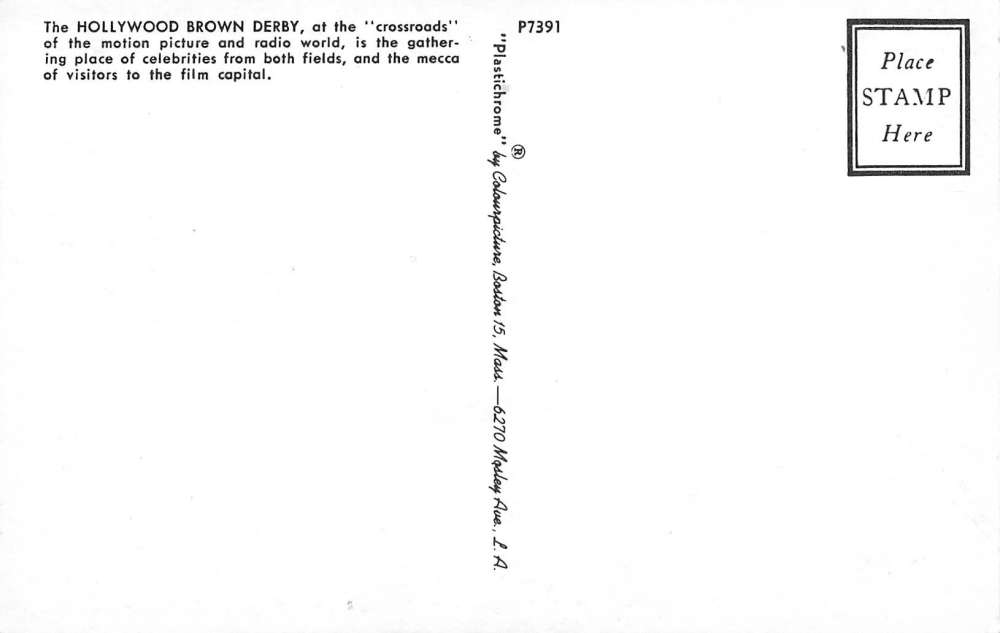 Hollywood California Brown Derby Restaurant Vintage Postcard K36334 - Image 2