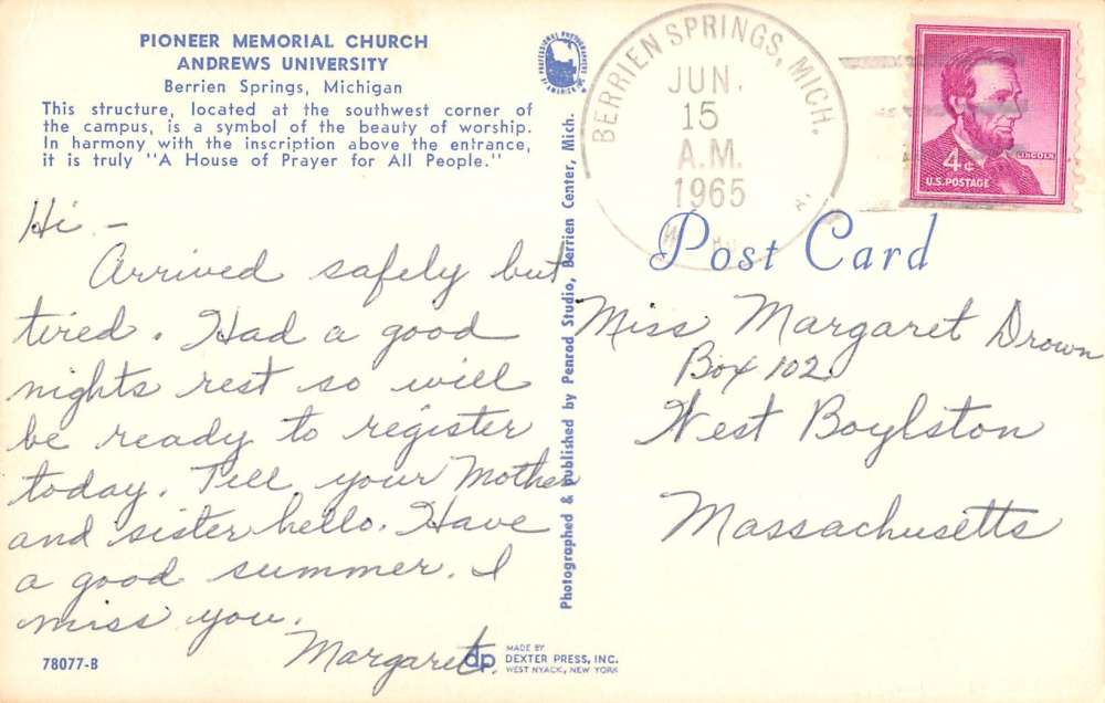 Berrien Springs Michigan Pioneer Church Street View Vintage Postcard K36875 - Image 2