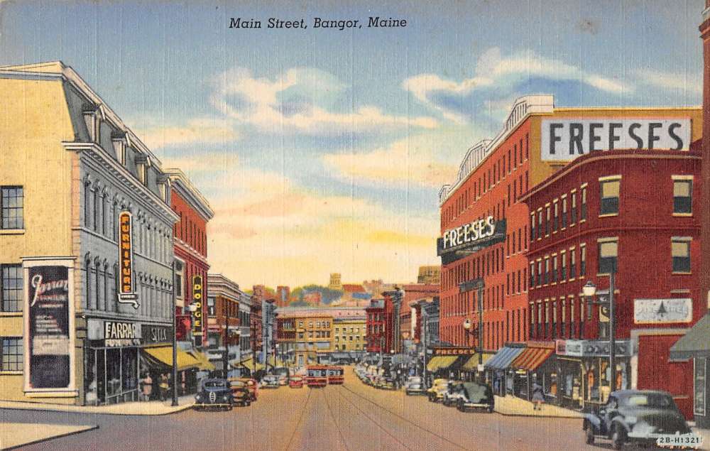 Bangor Maine trolley trains business area Main St linen antique pc Z22403 -...