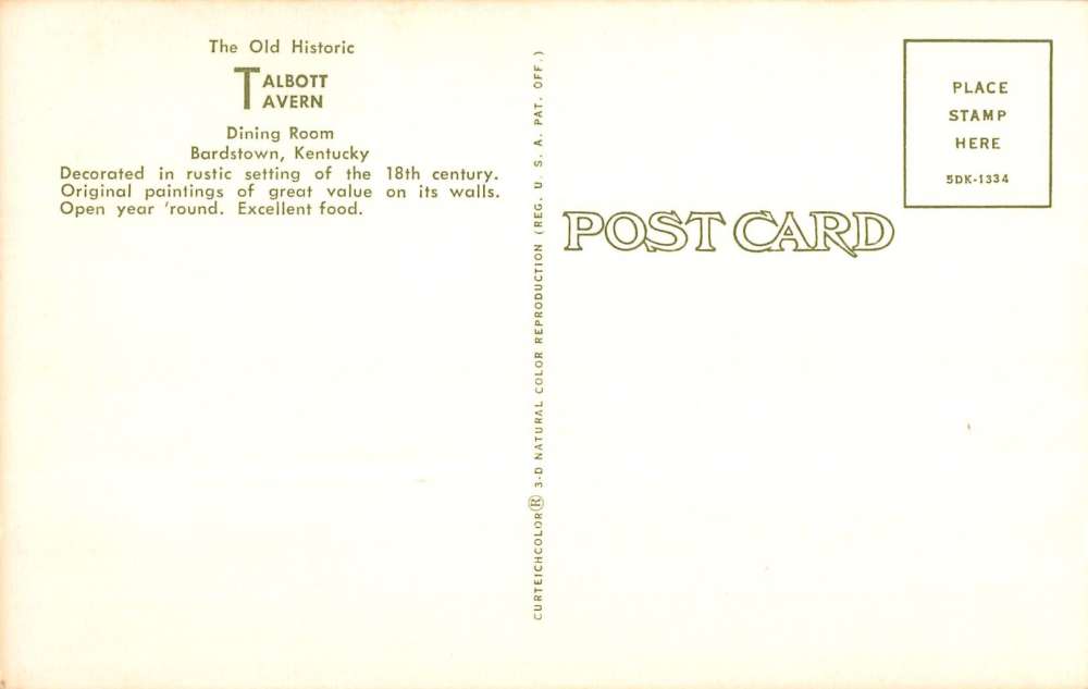 Bardstown Kentucky Talbott Tavern Dining Room Vintage Postcard K38279 - Image 2