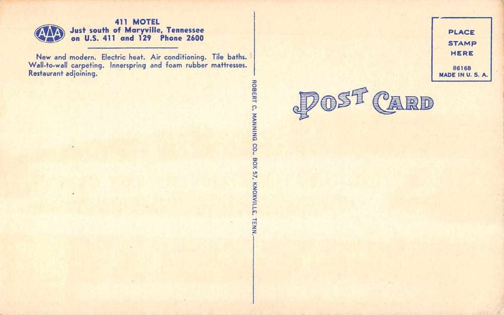 Maryville Tennessee 411 Motel Linen Antique Postcard J55820 - Image 2