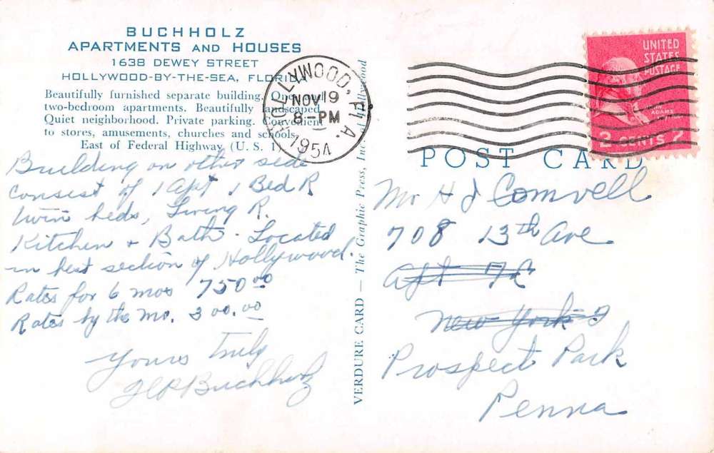 Hollywood by the Sea Florida Bucholz Apartments and Houses Postcard J56143 - Image 2