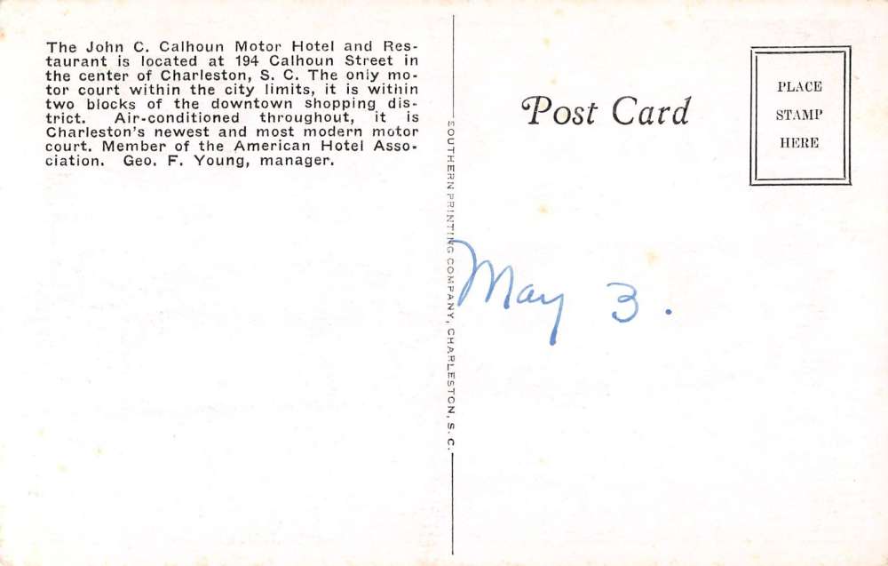 Charleston South Carolina Calhoun Motor Hotel Antique Postcard K41188 - Image 2