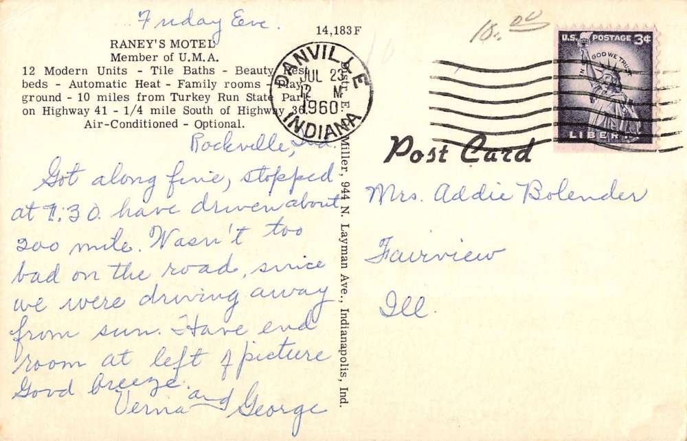 Rockville Indiana Raneys Motel Street View Antique Postcard K42635 - Image 2
