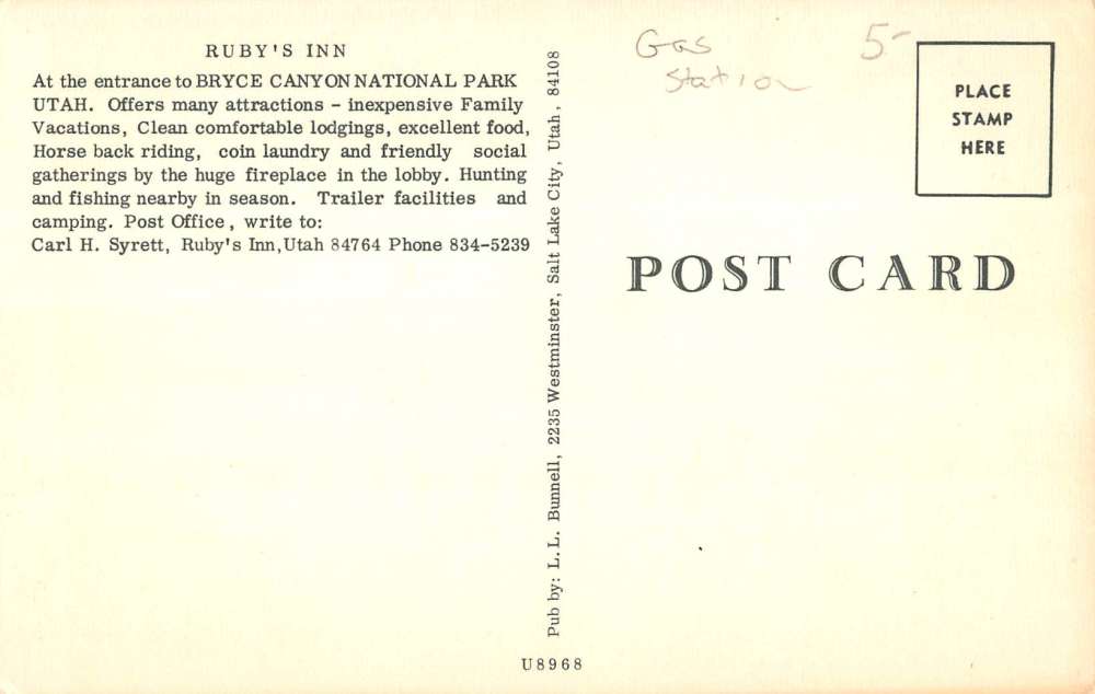 Bryce Canyon Utah Rubys Inn Gas Station Vintage Postcard K43327 - Mary ...