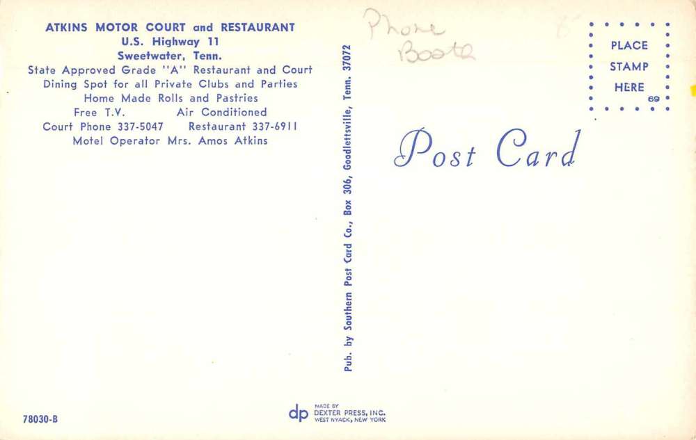 Sweetwater Tennessee Atkins Motor Court Vintage Postcard J58797 - Image 2