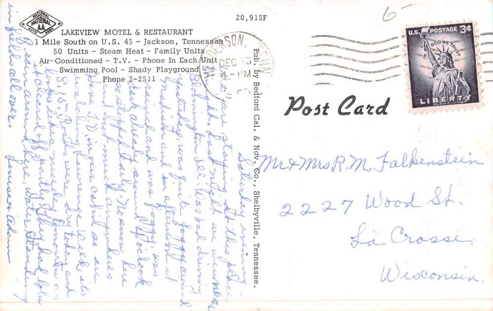 Jackson Tennessee Lakeview Motel Street View Vintage Postcard K45922 - Image 2