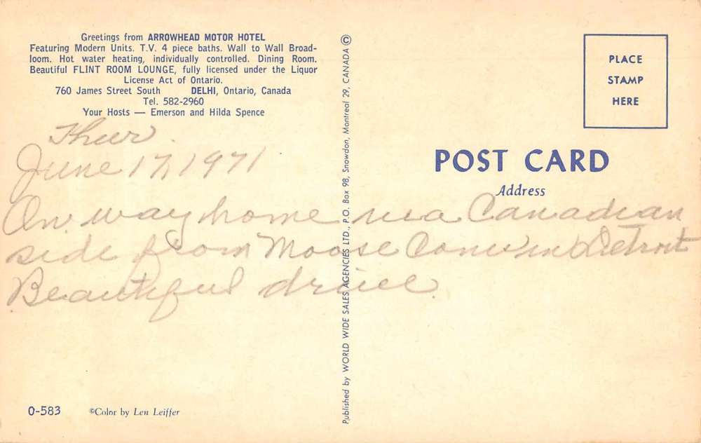 Delhi Ontario Canada "Greetings From" Arrowhead Motor Hotel vintage pc Z28504 - Image 2