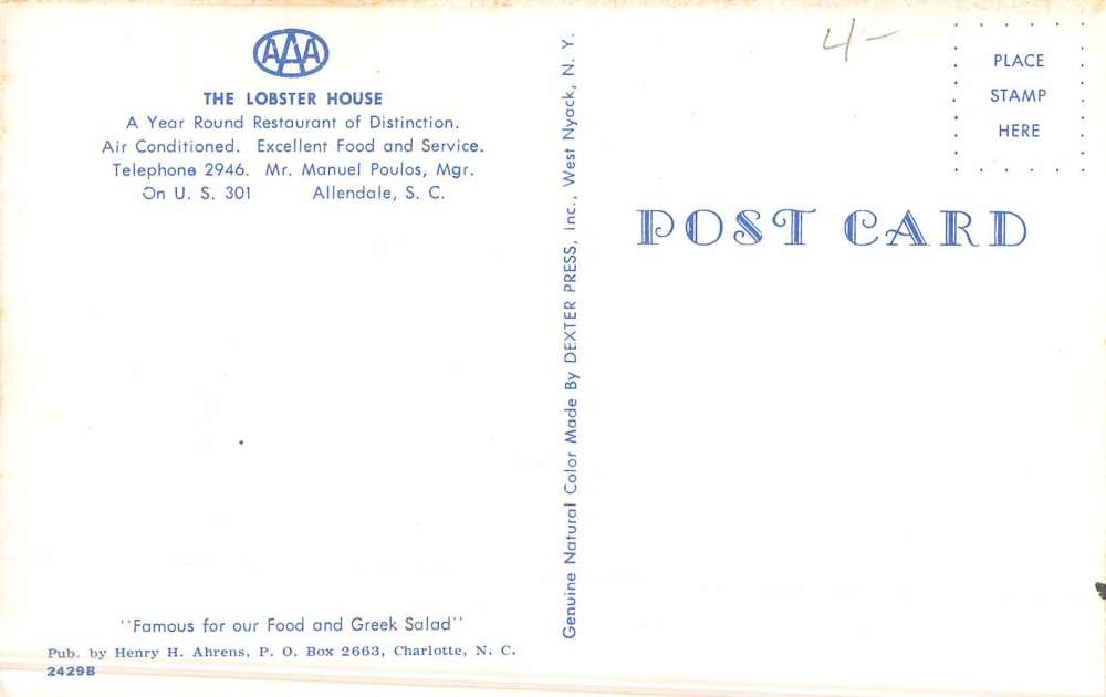 Allendale South Carolina Lobster House Street View Vintage Postcard K49626 - Image 2