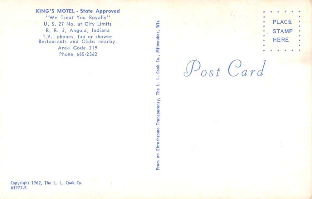 Angola Indiana Kings Motel Vintage Postcard J60942 - Image 2