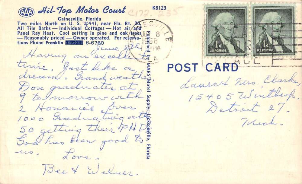 Gainesville Florida Hil Top Motor Court Multiview Antique Postcard K49945 - Image 2