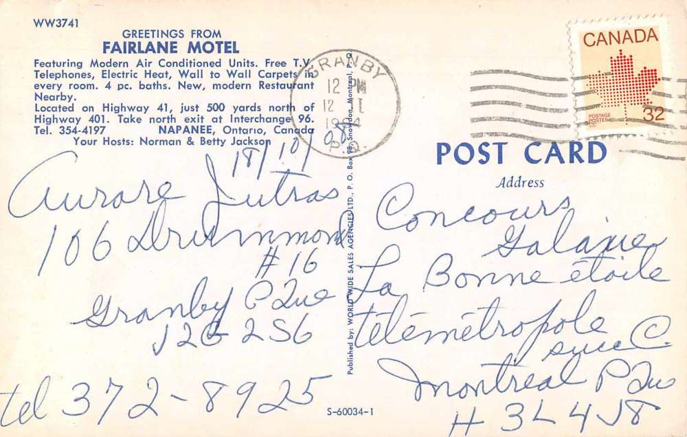 Napanee Ontario Canada Fairlane Motel Room Interior Vintage Postcard J61217 - Image 2