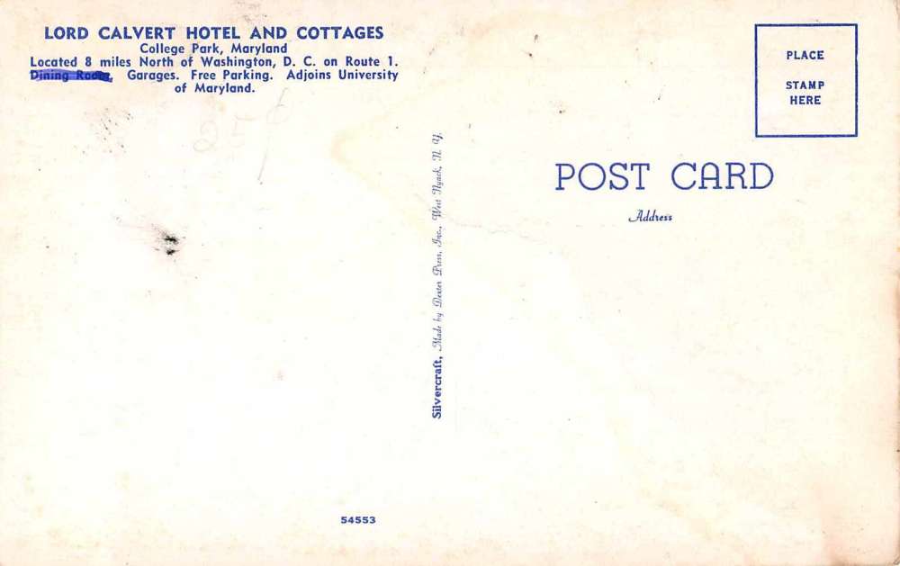 College Park Maryland Lord Calvert Hotel and Cottages Antique Postcard J61502 - Image 2