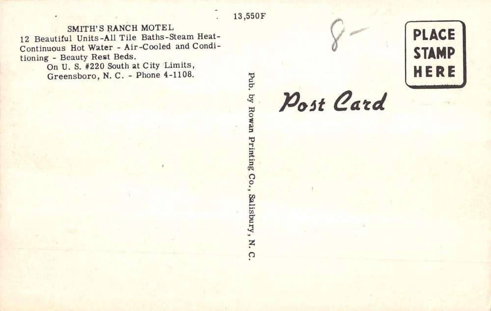 Greensboro North Carolina Smiths Ranch Motel Street View Vintage Postcard K54185 - Image 2