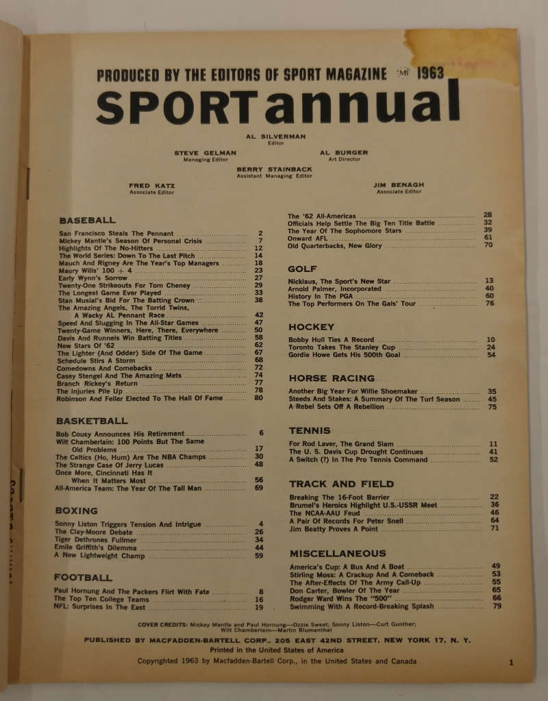 Sport Magazine Sport Annual Mantle Liston Chamberlain 1963 Vintage J62797 - Image 2