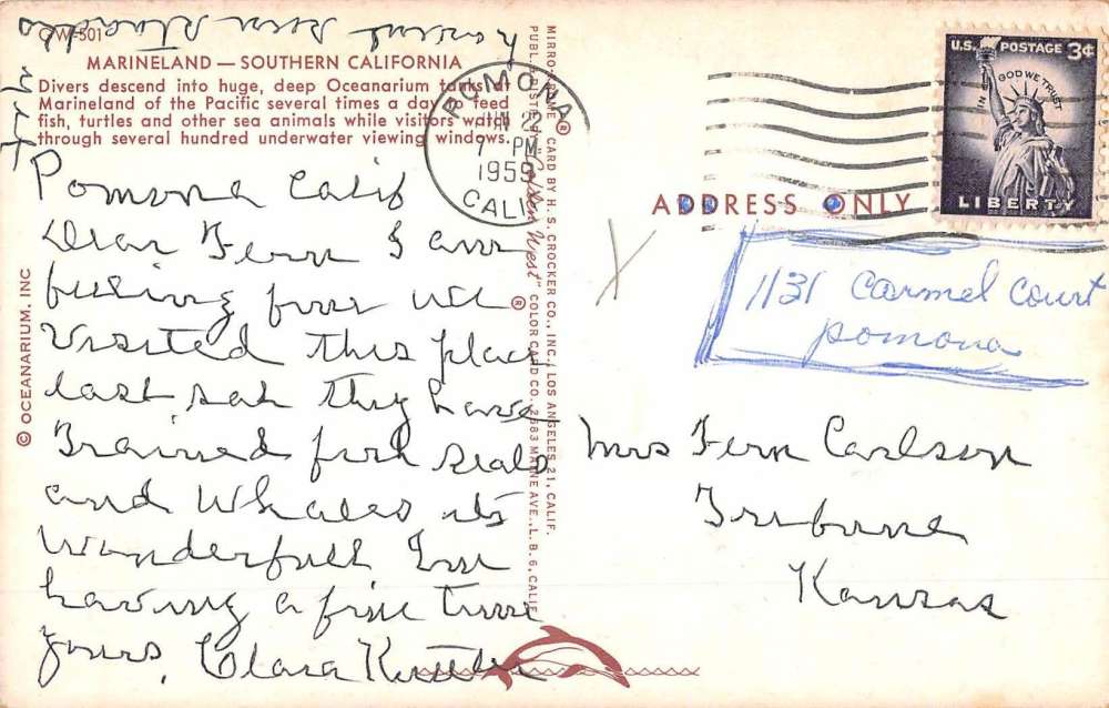Pomona California Marineland Divers Vintage Postcard K55785 - Image 2