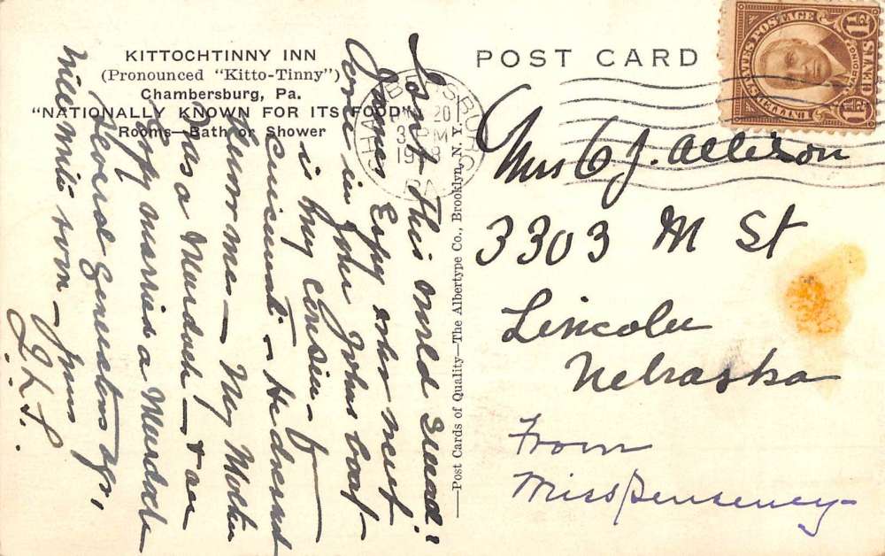 Chambersburg Pennsylvania Kittochtinny Inn Street View Antique Postcard K56323 - Image 2