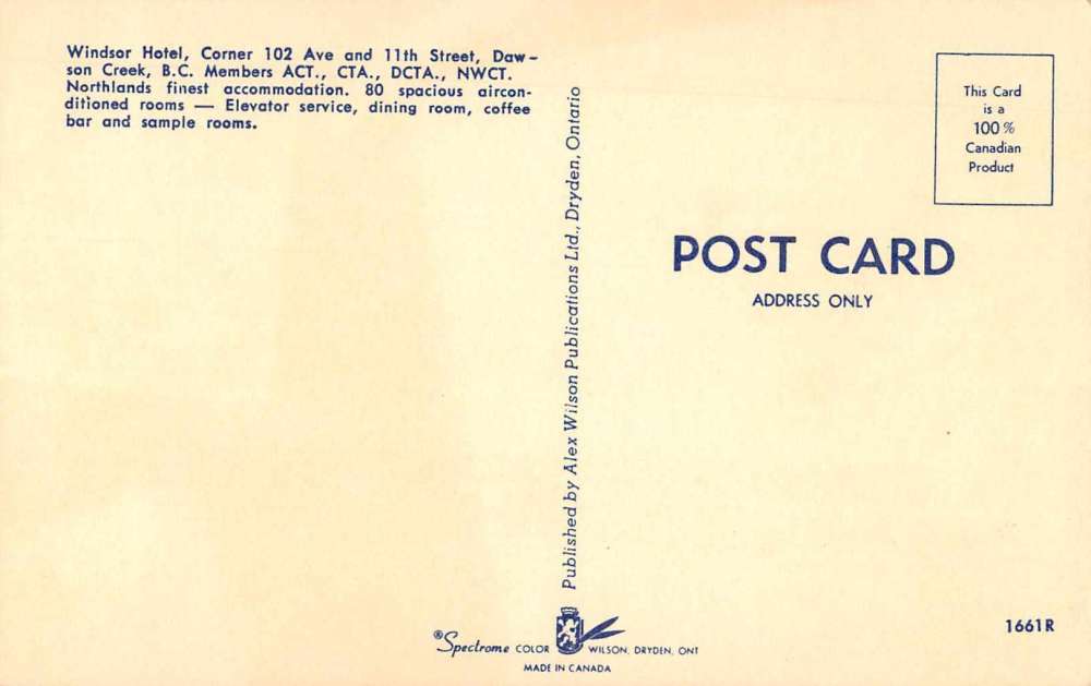 Dawson Creek British Columbia Canada Windsor Hotel Vintage Postcard J63638 - Image 2
