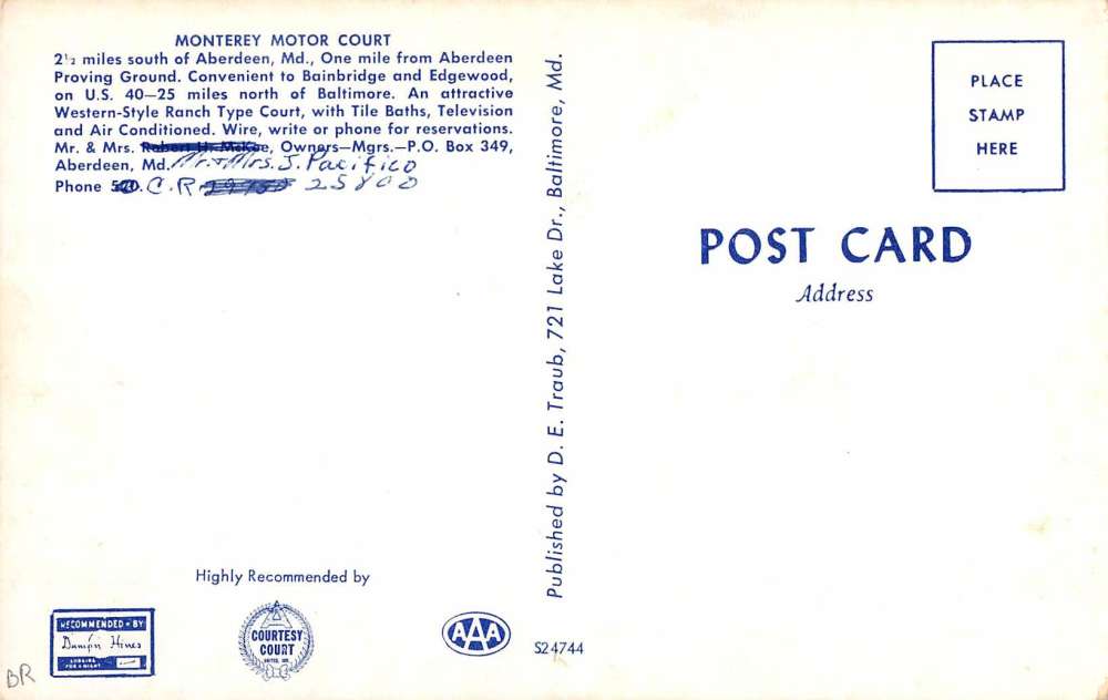Aberdeen Maryland Monterey Motor Court Street View Vintage Postcard K59311 - Image 2