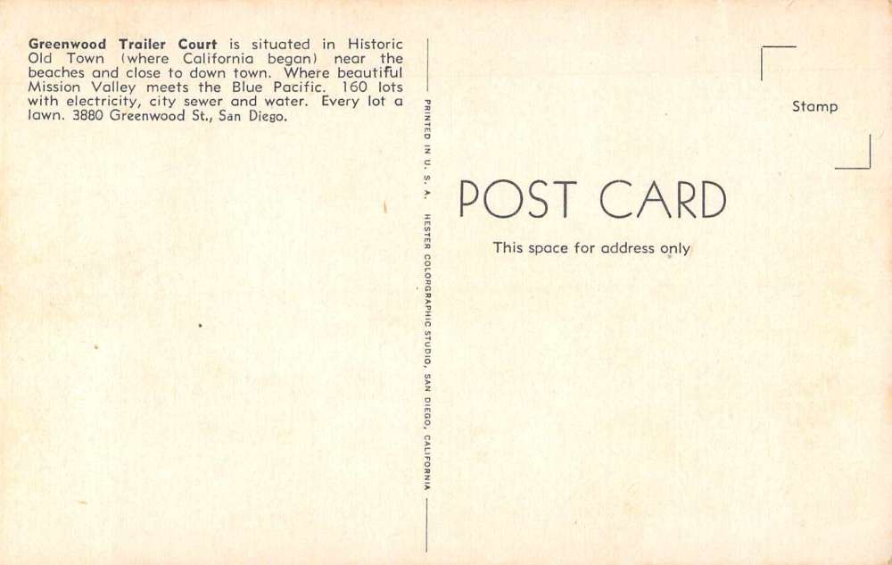 San Diego California Greenwood Trailer Court Antique Postcard J64962 - Image 2