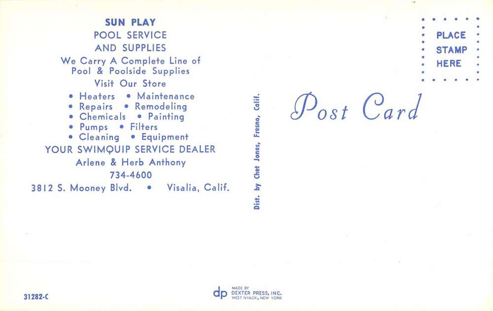 Visalia California Sun Play Pool Services Vintage Postcard K60149 - Image 2