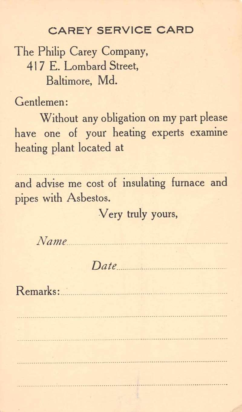 Baltimore Maryland Philip Carey Service Card Antique Postcard J65105