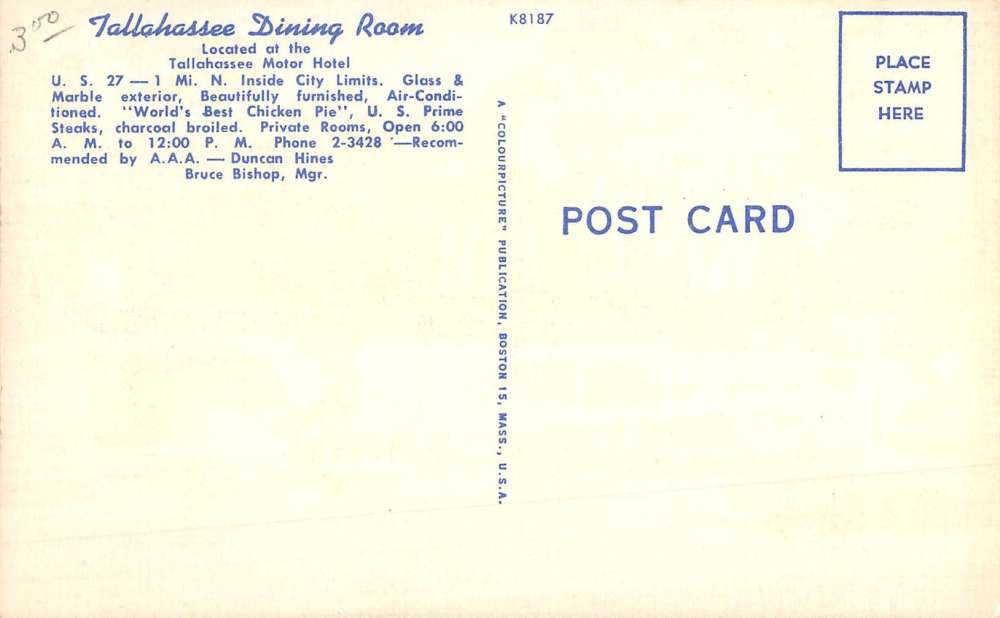 Tallahassee Florida Dining Room Street View Antique Postcard K60745 - Image 2
