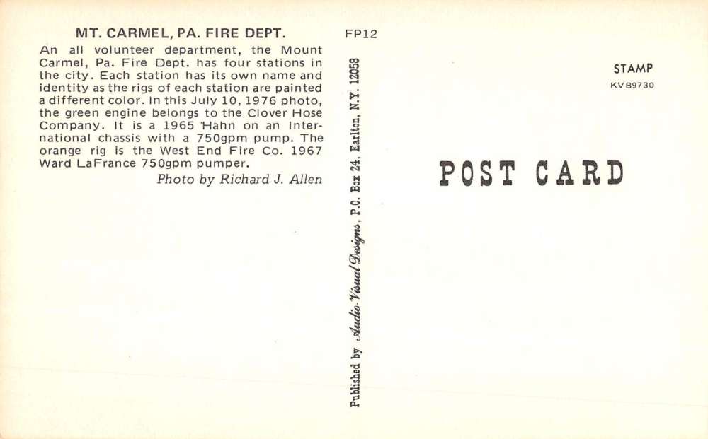 Mt Carmel Pennsylvania Fire Department Engine Vintage Postcard K61070 - Image 2