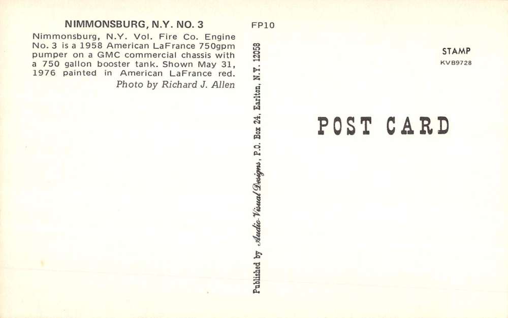 Nimmonsburg New York Fire Department Engine Vintage Postcard K61076 - Image 2