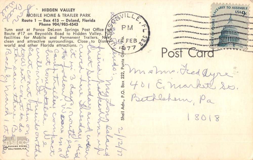 Deland Florida Hidden Valley Trailer Park Vintage Postcard K61163 - Image 2