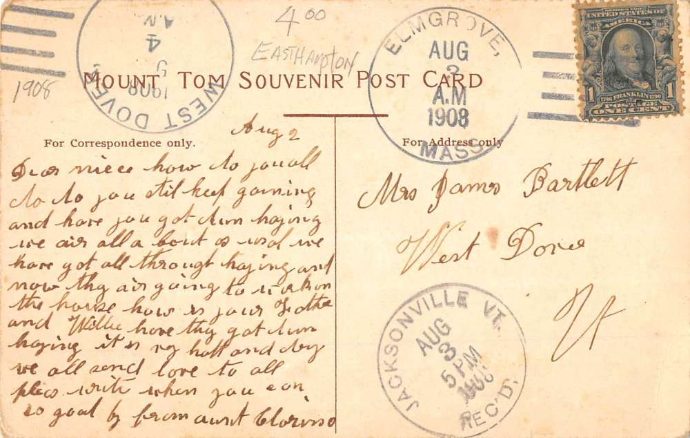 Holyoke Massachusetts Easthampton Mt Tom Antique Postcard K61184 - Image 2