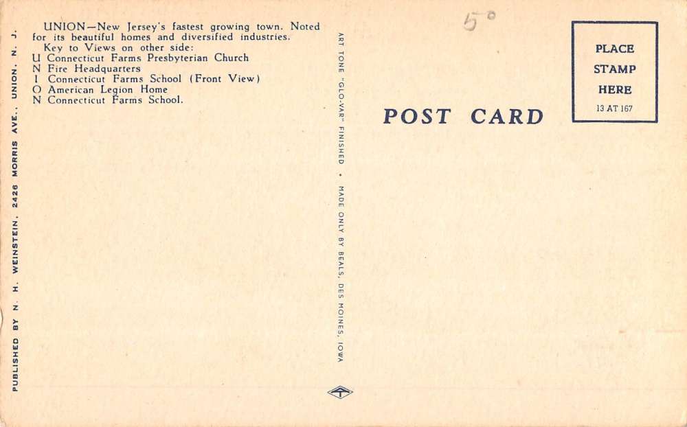 Union New Jersey Large Letter Linen Antique Postcard K61314 - Image 2