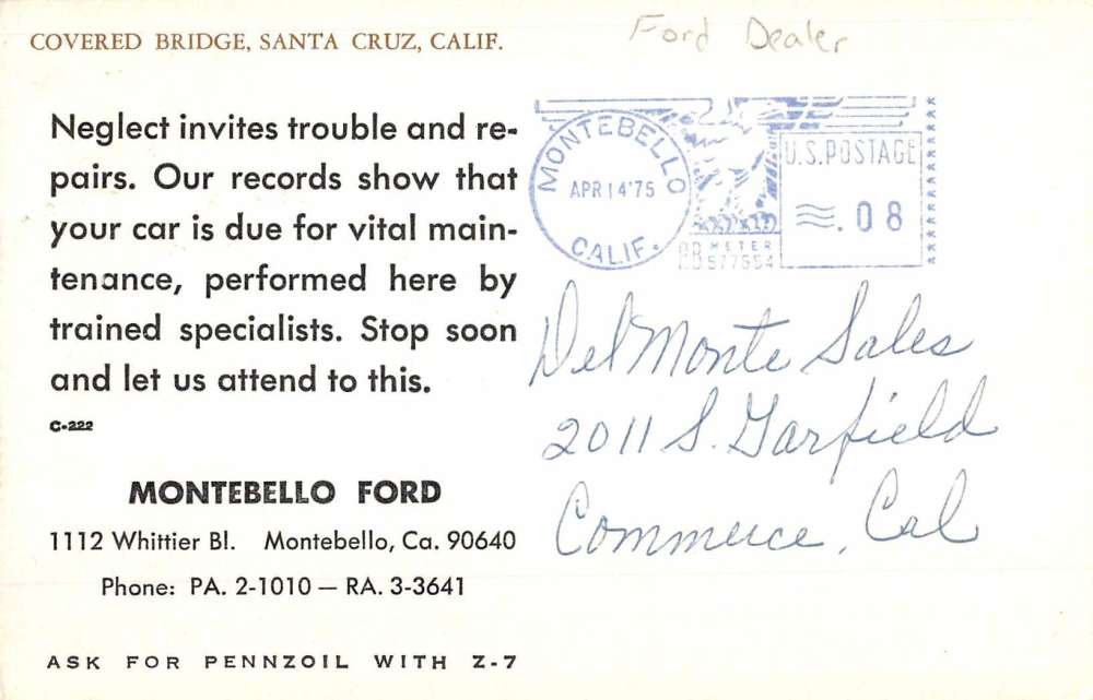 Santa Cruz California Covered Bridge Ford Dealer Ad Vintage Postcard K61906 - Image 2