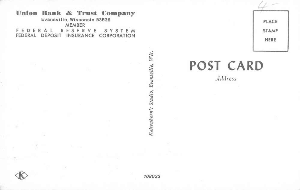 Evansville Wisconsin Union Bank And Trust Co Vintage Postcard K62587 - Image 2