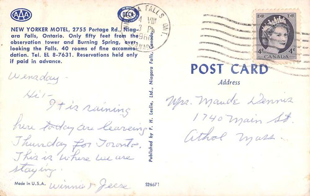 Niagara Falls Ontario Canada New Yorker Motel Vintage Postcard J66208 - Image 2