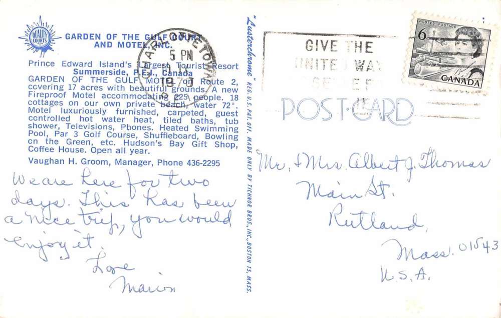 Sumerside Canada Garden of the Gulf Court and Motel Vintage Postcard J66222 - Image 2