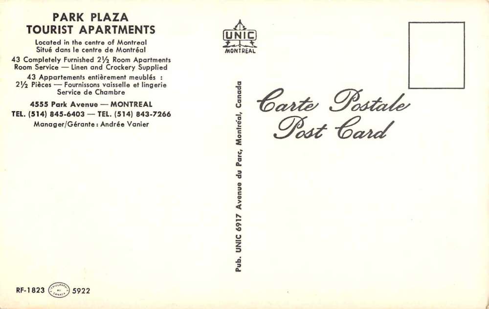 Montreal Canada Park Plaza Tourist Apartments Vintage Postcard J66239 - Image 2