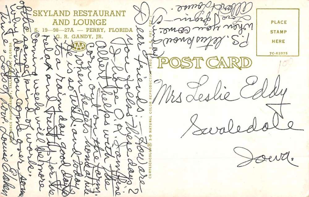 Perry Florida Skyland Restaurant Street View Vintage Postcard K63254 - Image 2