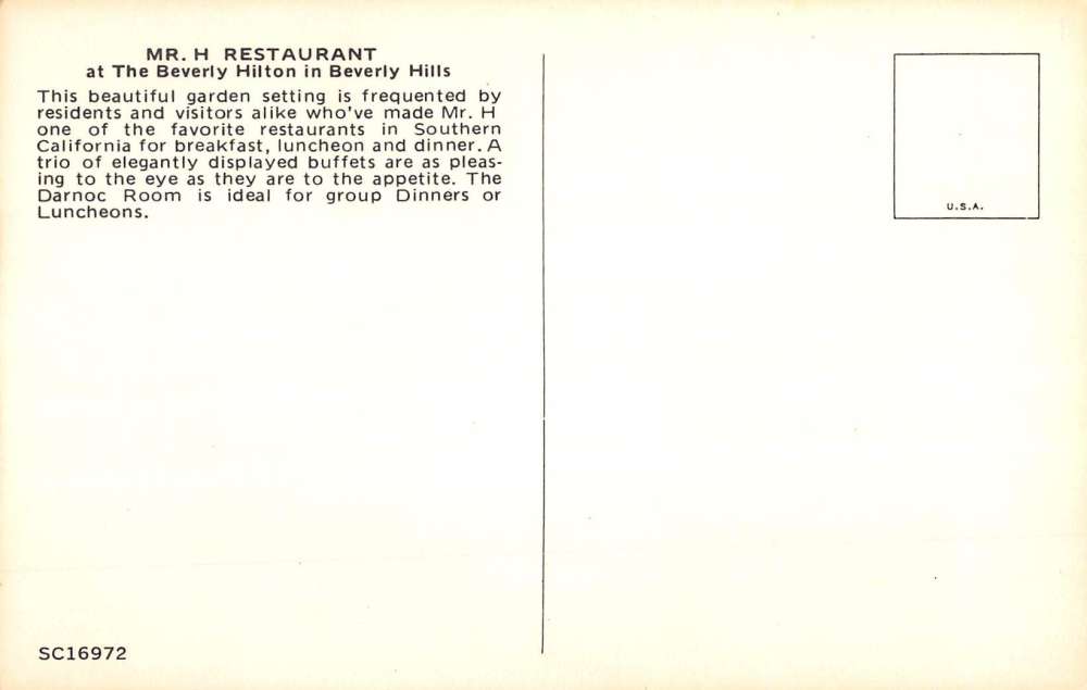 Beverly Hills California Hilton Mr H Restaurant Vintage Postcard K63527 - Image 2
