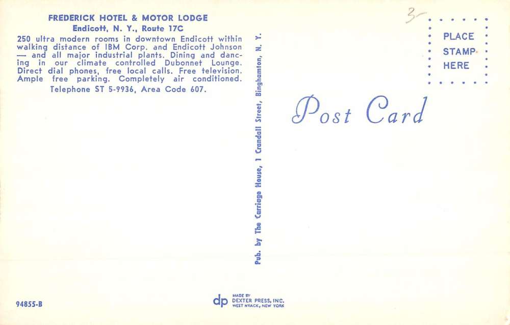 Endicott New York Frederick Hotel Motor Lodge Vintage Postcard K63820 - Image 2