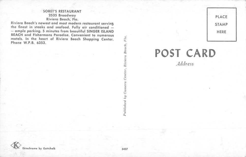 Riviera Beach Florida Sorets Restaurant Street View Vintage Postcard K64487 - Image 2