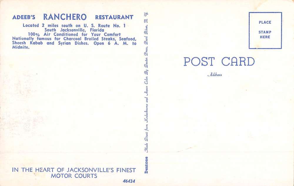 South Jacksonville Florida Adeebs Ranchero Restaurant Vintage Postcard K64495 - Image 2