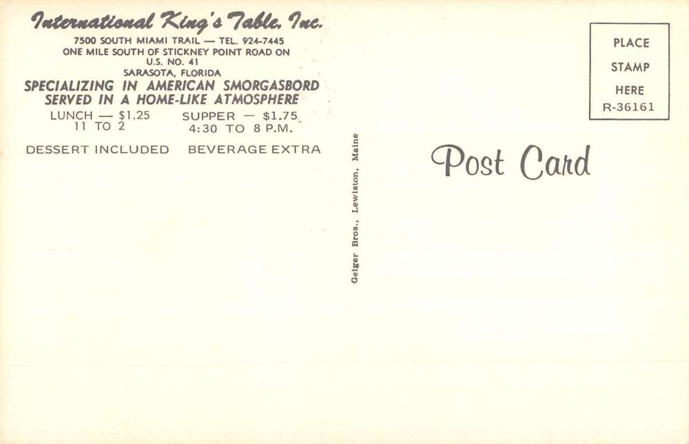 Sarasota Florida International Kings Table Vintage Postcard K64648 - Image 2
