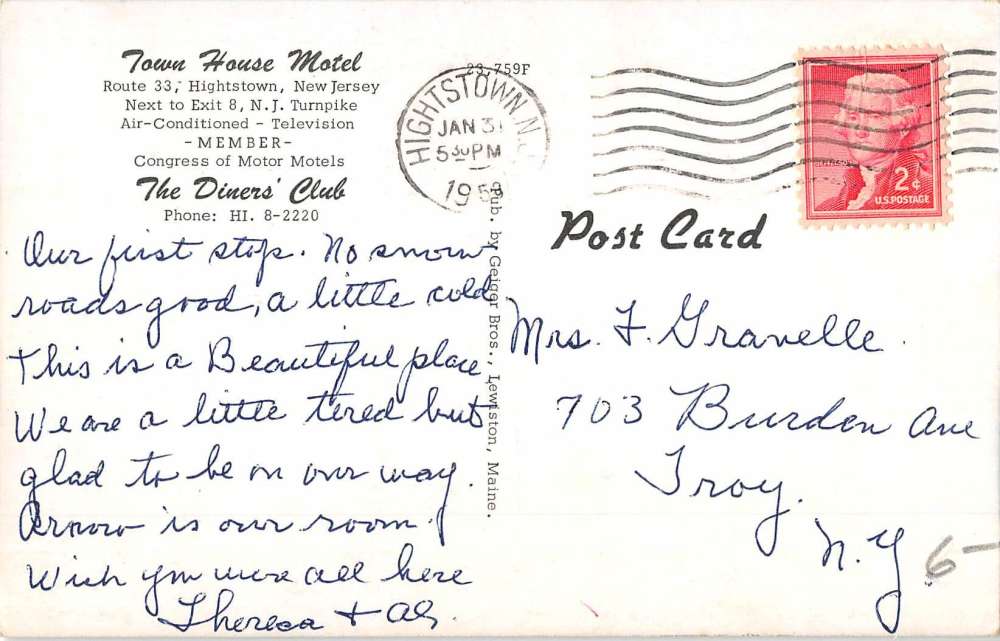 Hightstown New Jersey Town House Motel Street View Antique Postcard K64874 - Image 2