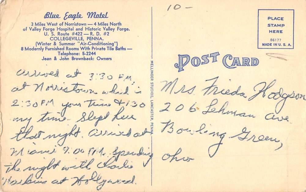 Collegeville Pennsylvania Blue Eagle Motel Street View Antique Postcard