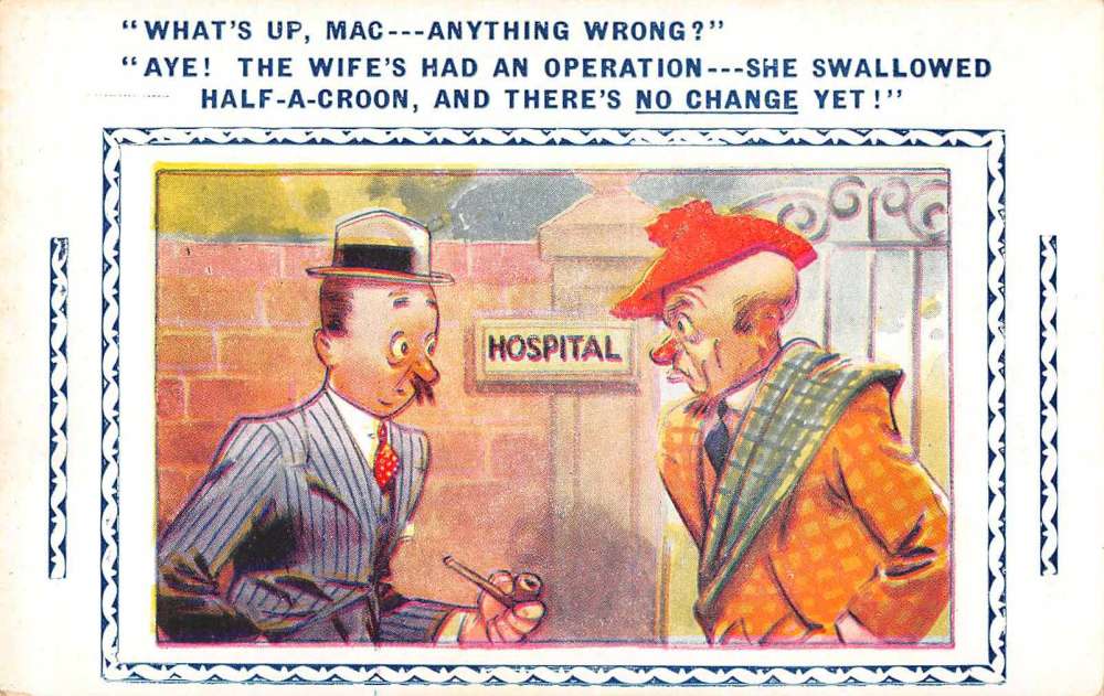 greetings-men-in-front-of-hosital-comic-humor-bamforth-antique-postcard