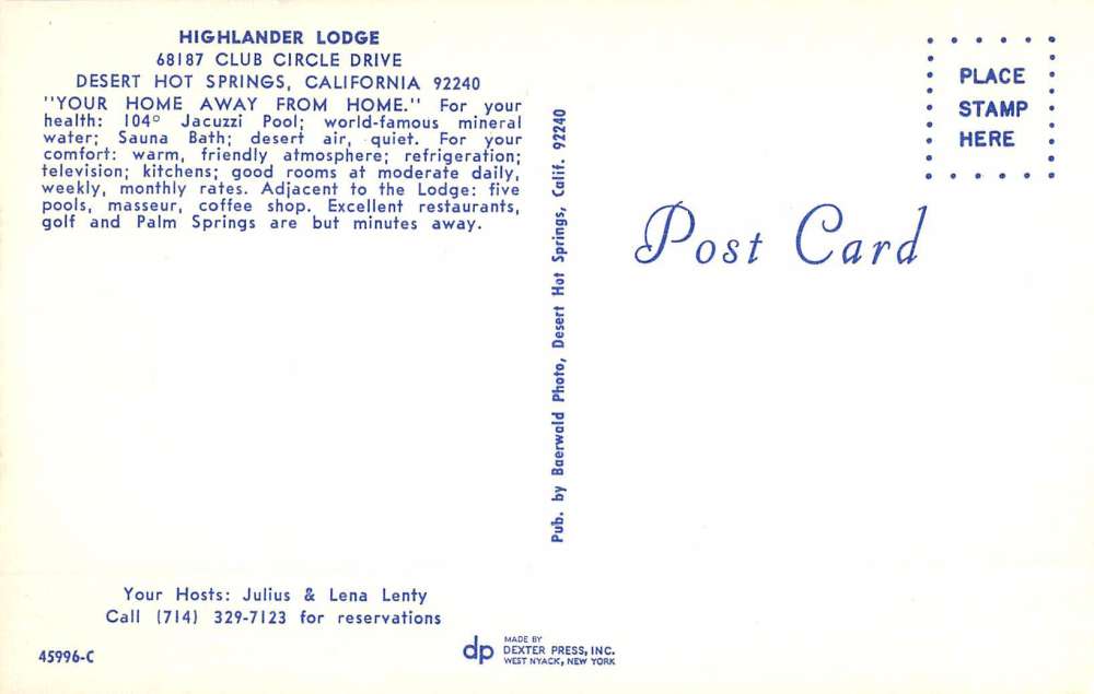 Desert Hot Springs California Highlander Lodge Vintage Postcard K65399 - Image 2