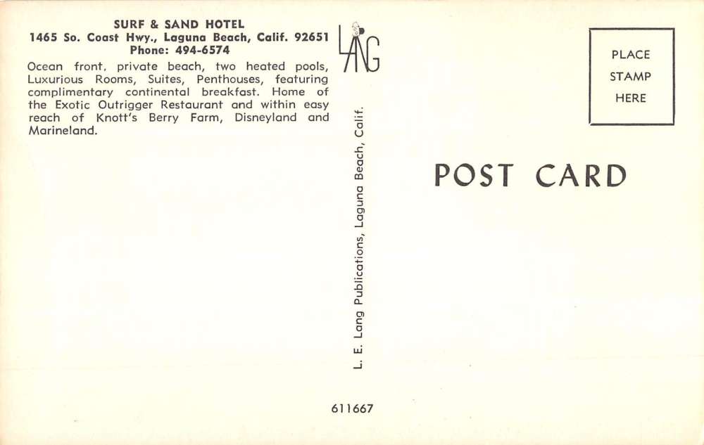Laguna Beach California Surf And Sand Hotel Vintage Postcard K65566 - Image 2